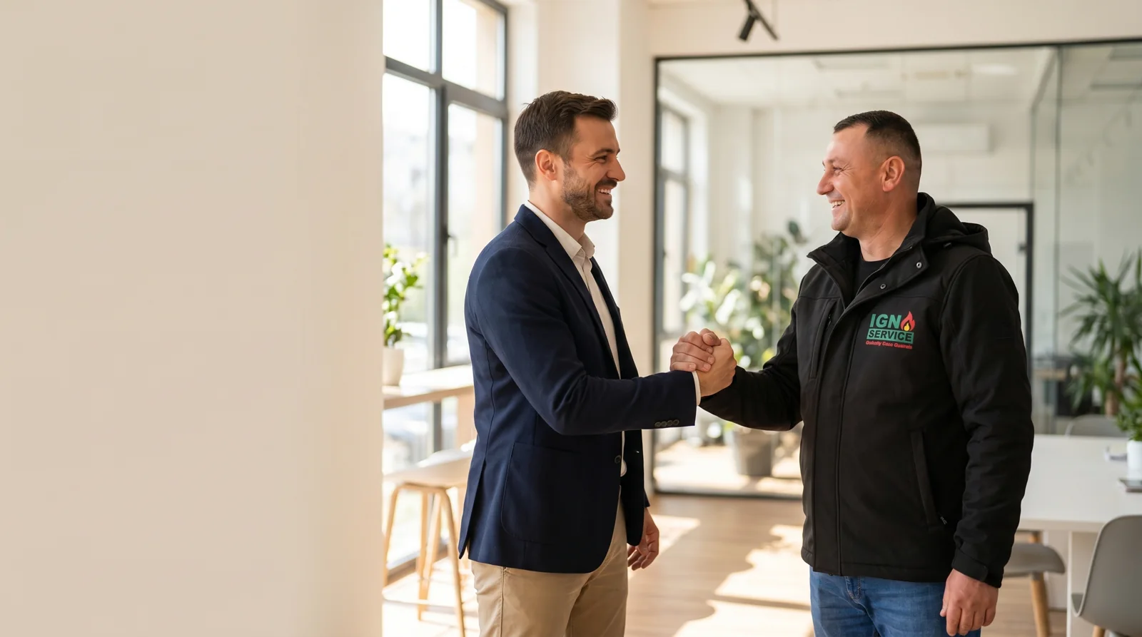 Acord B2B gazelor naturale: strângere de mână între om de afaceri și tehnician IGN Service