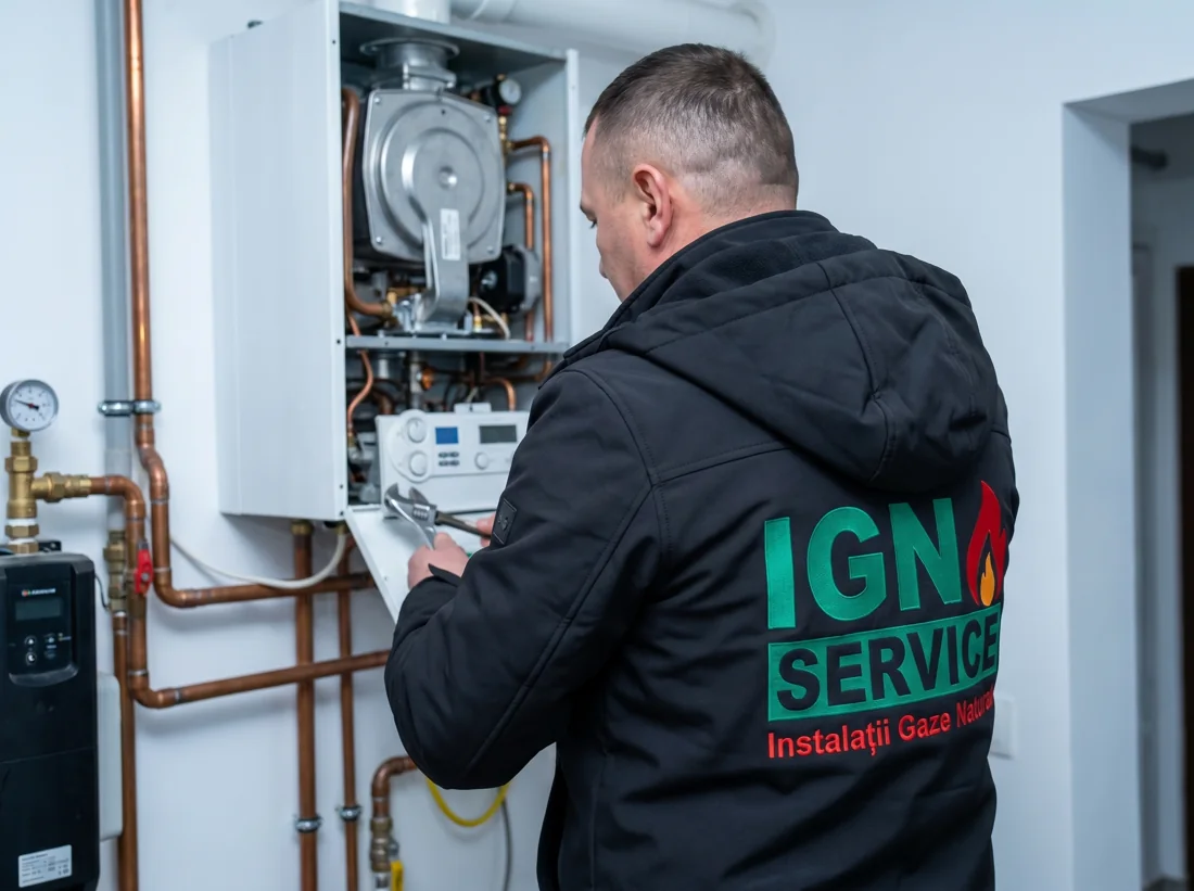 Mentenanță centrală termică hotel: tehnician IGN Service cu cheie la racorduri gaz