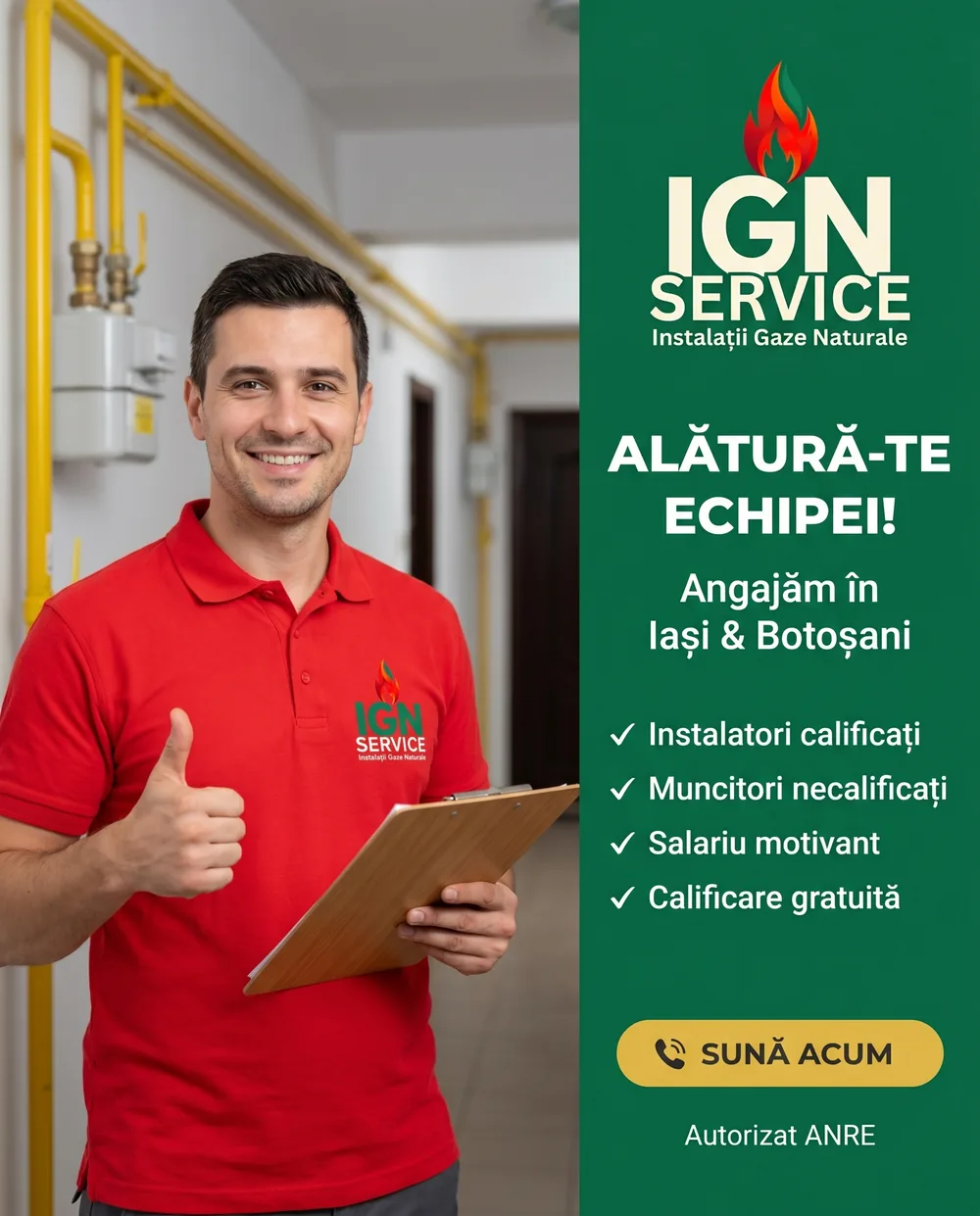 Afiș de recrutare IGN Service: instalator în tricou roșu cu clipboard, pe fundal țevi galbene de gaz și contor