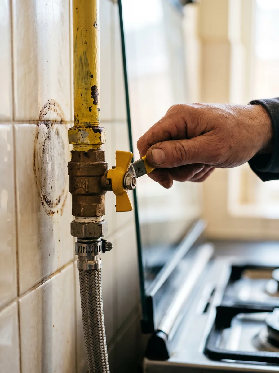 Robinet galben de gaz pe perete, lângă aragaz, accesibil pentru închidere rapidă