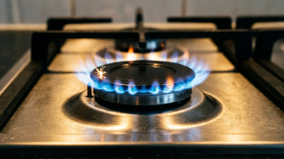 Arzător aprins pe o plită din inox, cu flacără albastră având câteva vârfuri portocalii