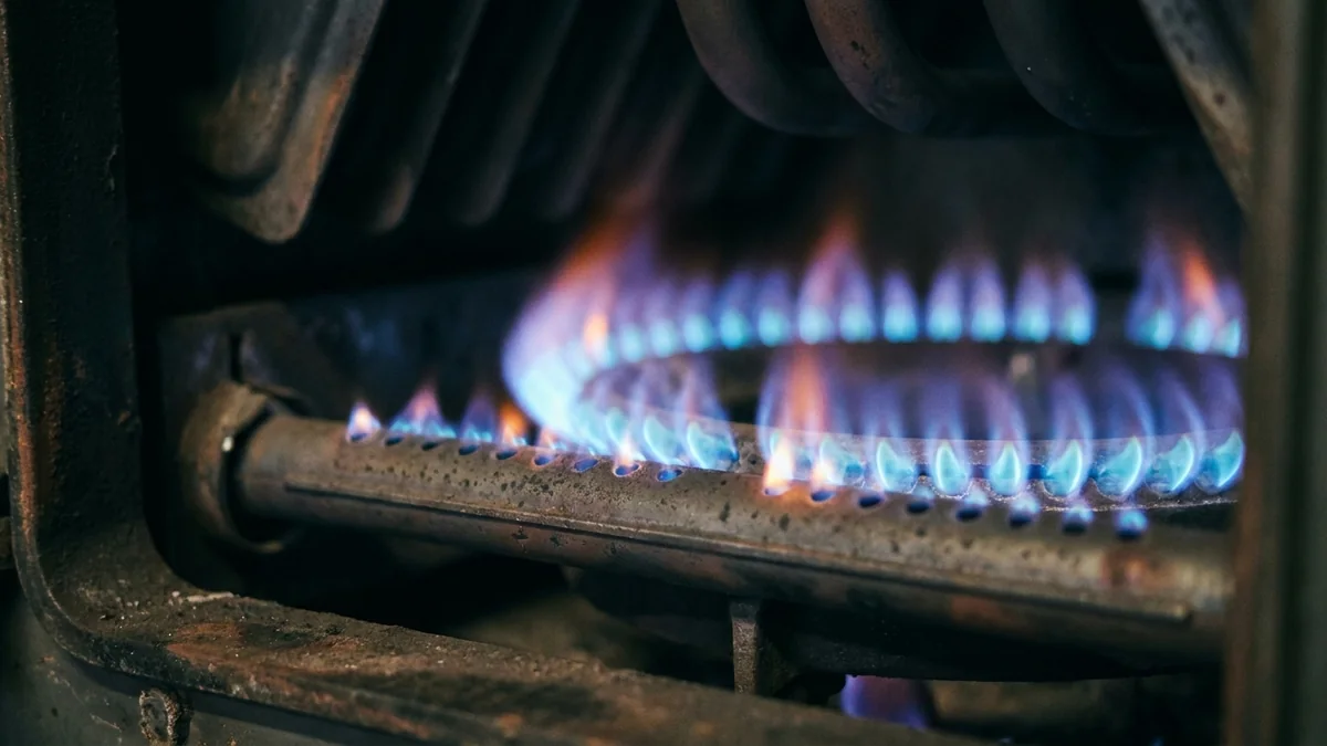 Arzător centrală termică gaz: flăcări albastre în camera ardere instalație