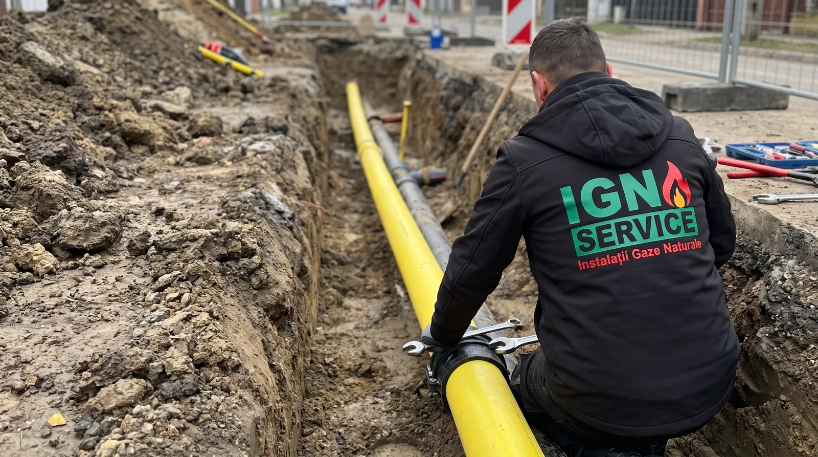 Instalator autorizat ANRE de la IGN Service montând țeava galbenă de gaz în șanțul săpat