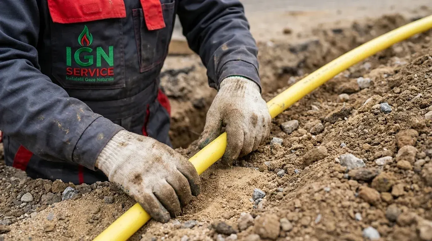 Montaj branșament gaz: muncitor IGN Service așează conductă galbenă în șanț