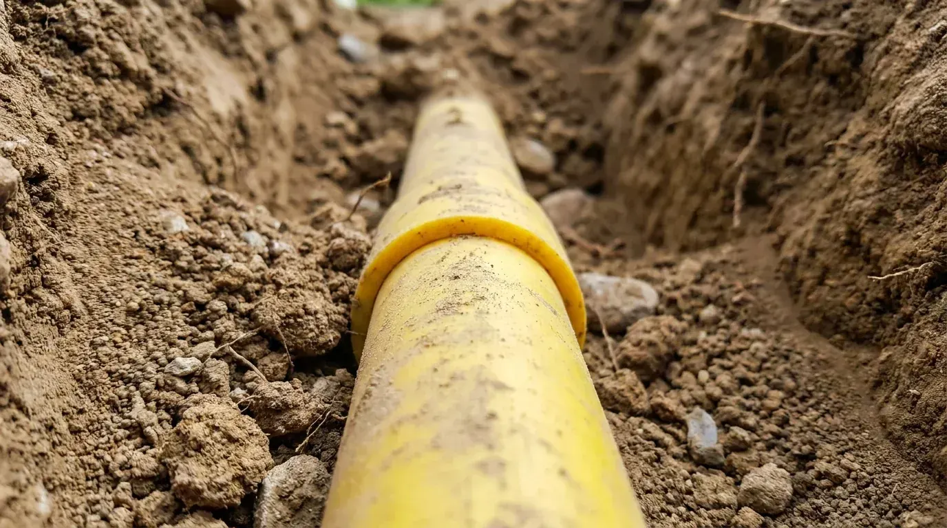 Conductă galbenă de branșament gaz montată în șanț săpat în pământ