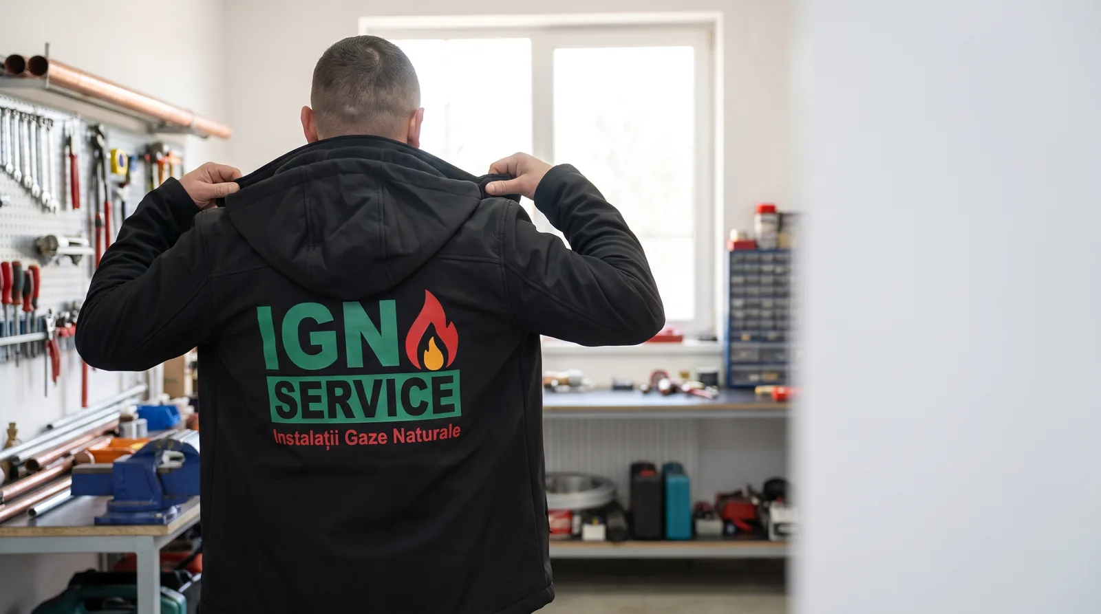Instalator IGN Service în atelier cu unelte pe perete, jacheta neagră cu logo