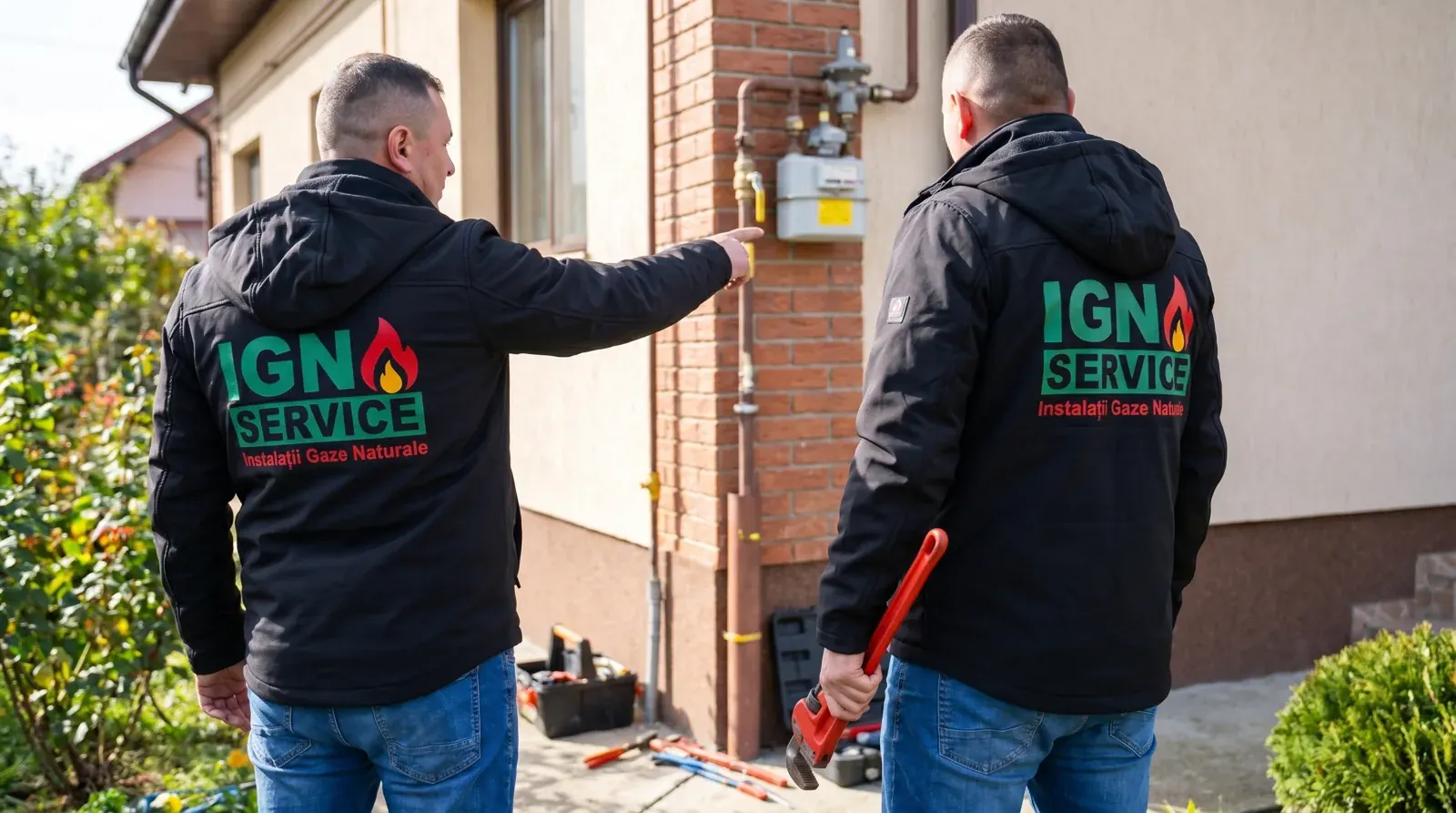 Doi instalatori IGN Service lângă contor și regulator de gaz pe fațadă, cu cheie roșie