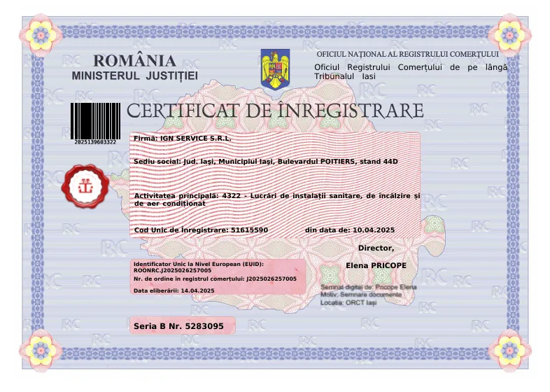 Certificat de înregistrare la Registrul Comerțului emis pentru firma IGN Service SRL, cu cod unic