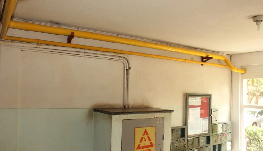 Conducte galbene de gaz montate pe pereții unei scări de bloc, lângă cutiile poștale
