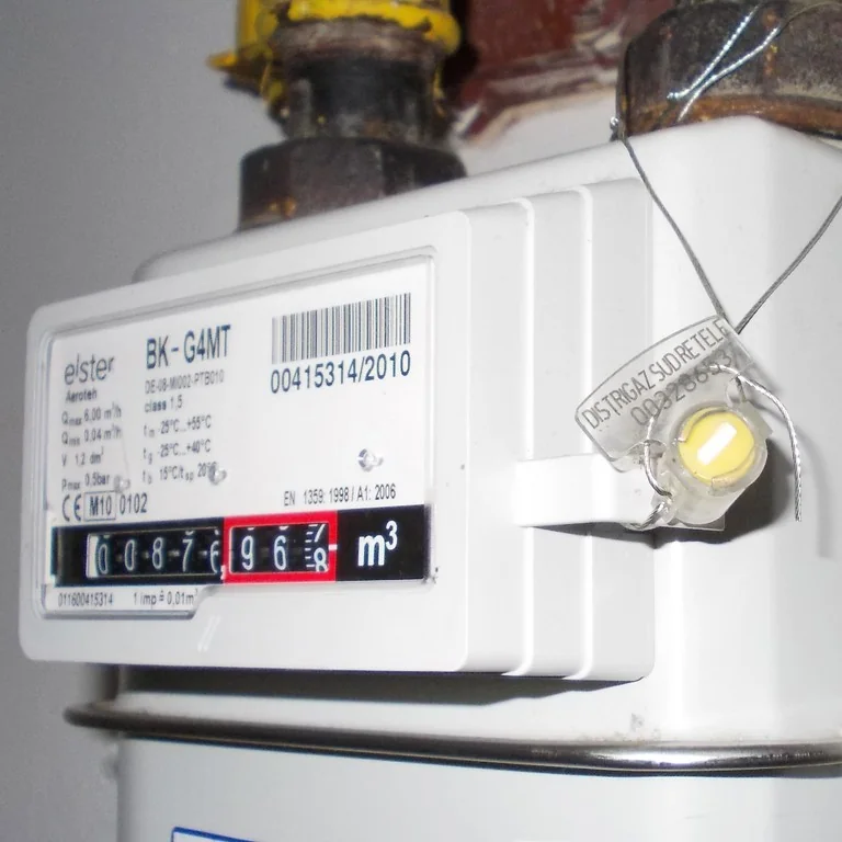 Contor de gaz casnic Elster cu index și sigiliul metalic al distribuitorului, în prim-plan.