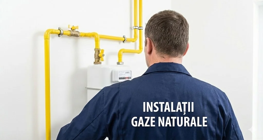 Doi tehnicieni IGN Service lângă branșamentul de gaz cu țeavă galbenă de pe fațada casei