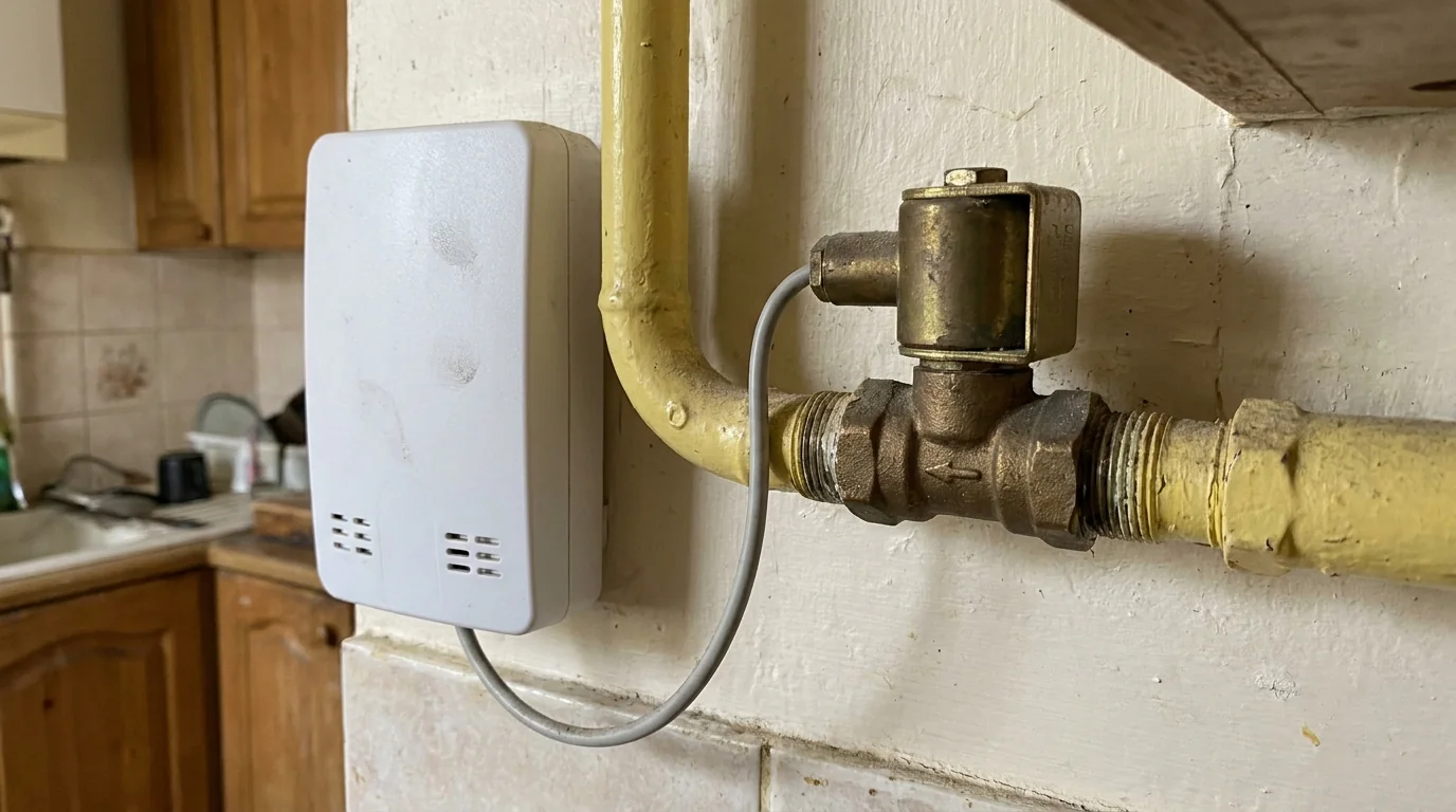 Detector de gaz cu electrovalvă montat pe perete, lângă țeava de alimentare cu gaz