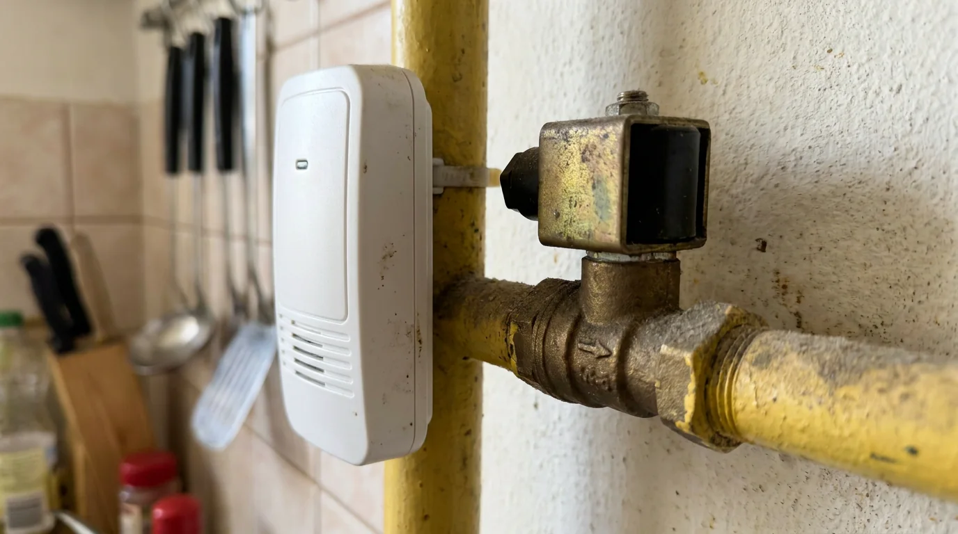 Electrovalvă de gaz montată pe țeavă lângă detectorul de perete, cu butonul de repunere vizibil
