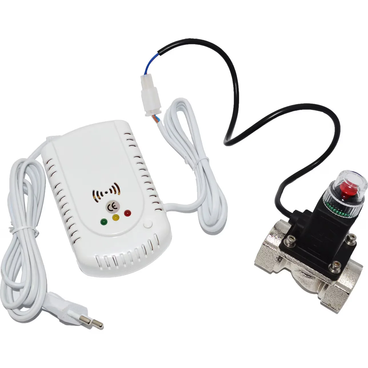 Detector de gaz cu LED-uri de stare, alături de electrovalva din alamă pentru închiderea automată a alimentării