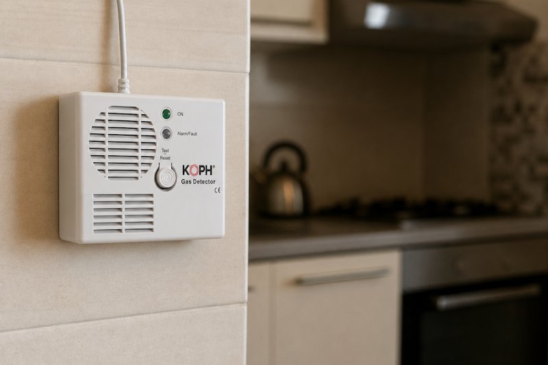Detector gaz natural KOPH obligatoriu pe perete bucătărie, LED verde aprins