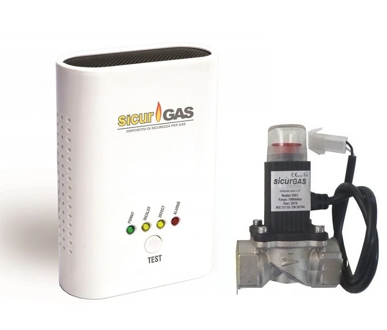 Kit detector de gaz SicurGas cu buton TEST și electrovalvă de închidere automată, pe fundal alb