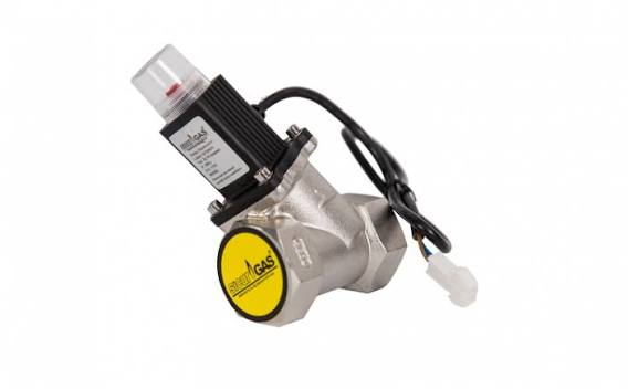 Electrovalvă de gaz cu solenoid negru și etichetă galbenă pentru inchidere automată