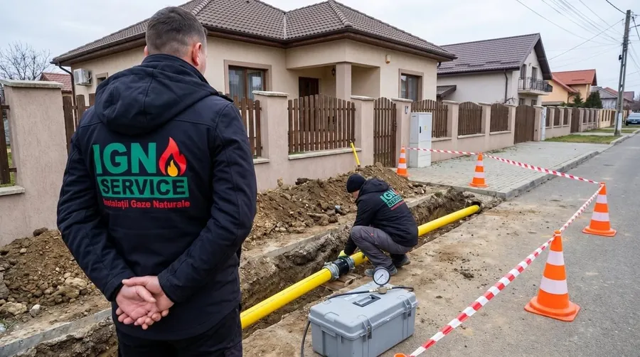 Doi tehnicieni IGN Service execută branșament gaz cu țeavă galbenă în șanț
