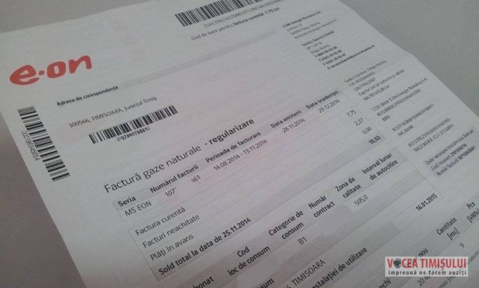 Factură de gaze naturale E.ON cu regularizare de consum