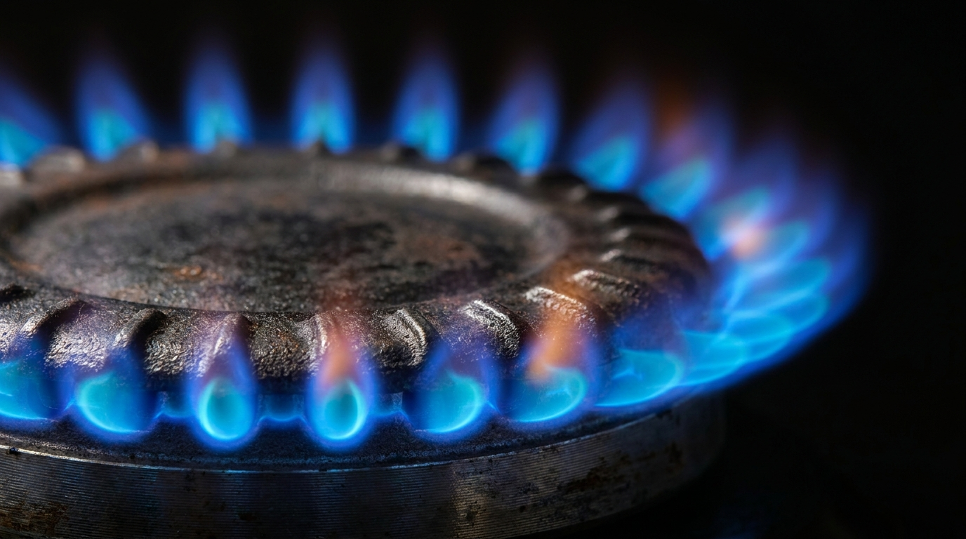 Flacară albastră a arzătorului unui aragaz pe gaz natural, combustie normală
