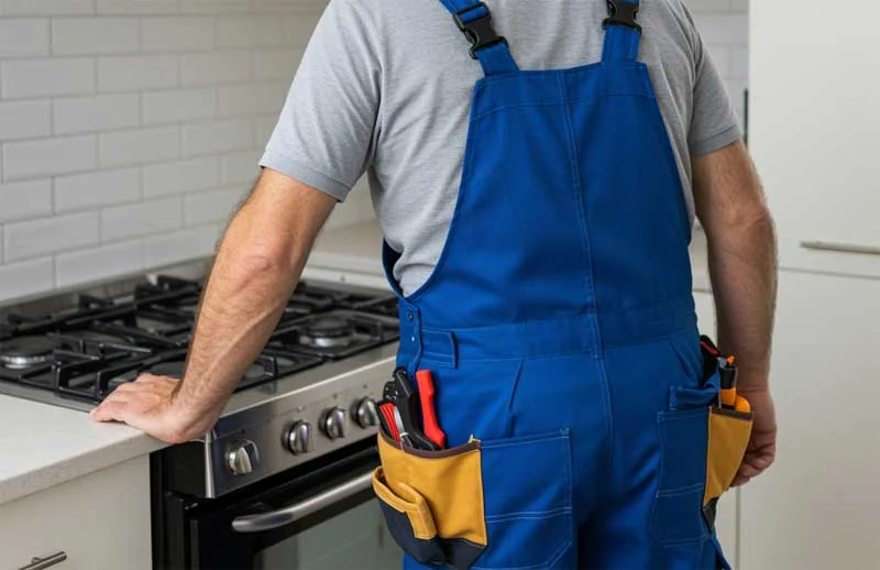 Instalator IGN Service cu trusa de scule, pregatit langa un aragaz pe gaz