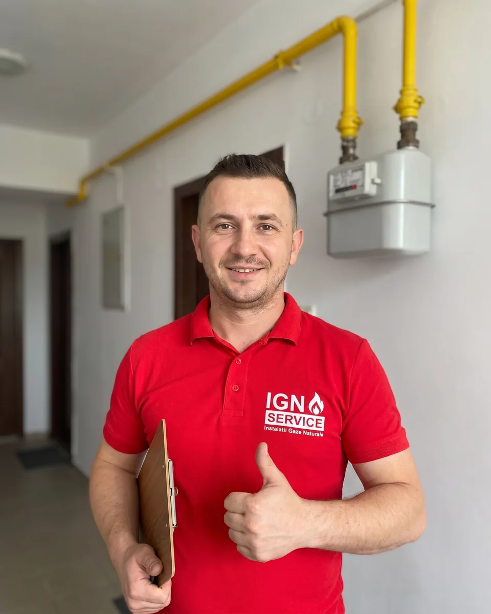 Instalator autorizat IGN Service zâmbind, cu clipboard și degetul mare ridicat, lângă contorul de gaz