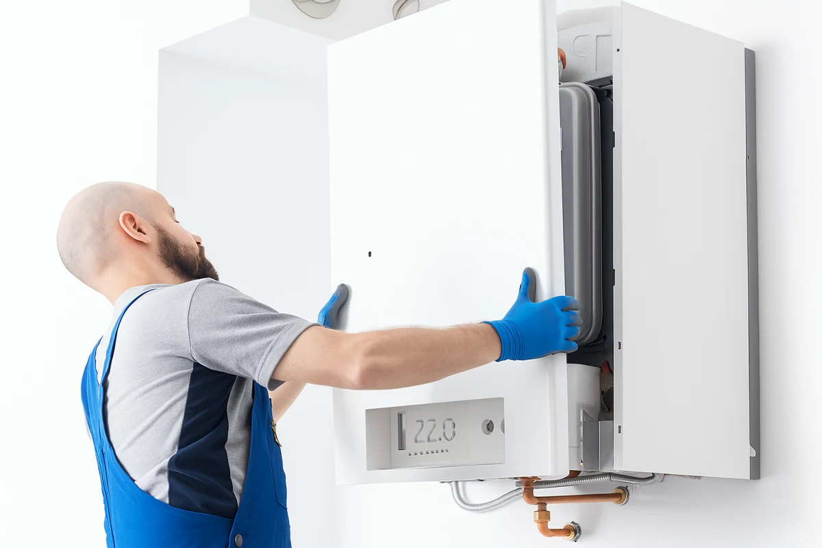 Tehnician IGN Service montează capacul unei centrale termice de perete pe gaz