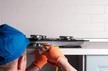 Instalator cu mănuși portocalii montează o plită pe gaz într-o bucătărie modernă