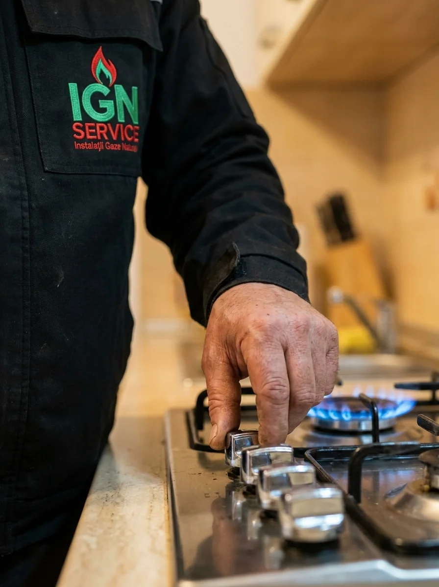 Angajat IGN Service aprinde arzătorul unei plite pe gaz, flacără albastră vizibilă