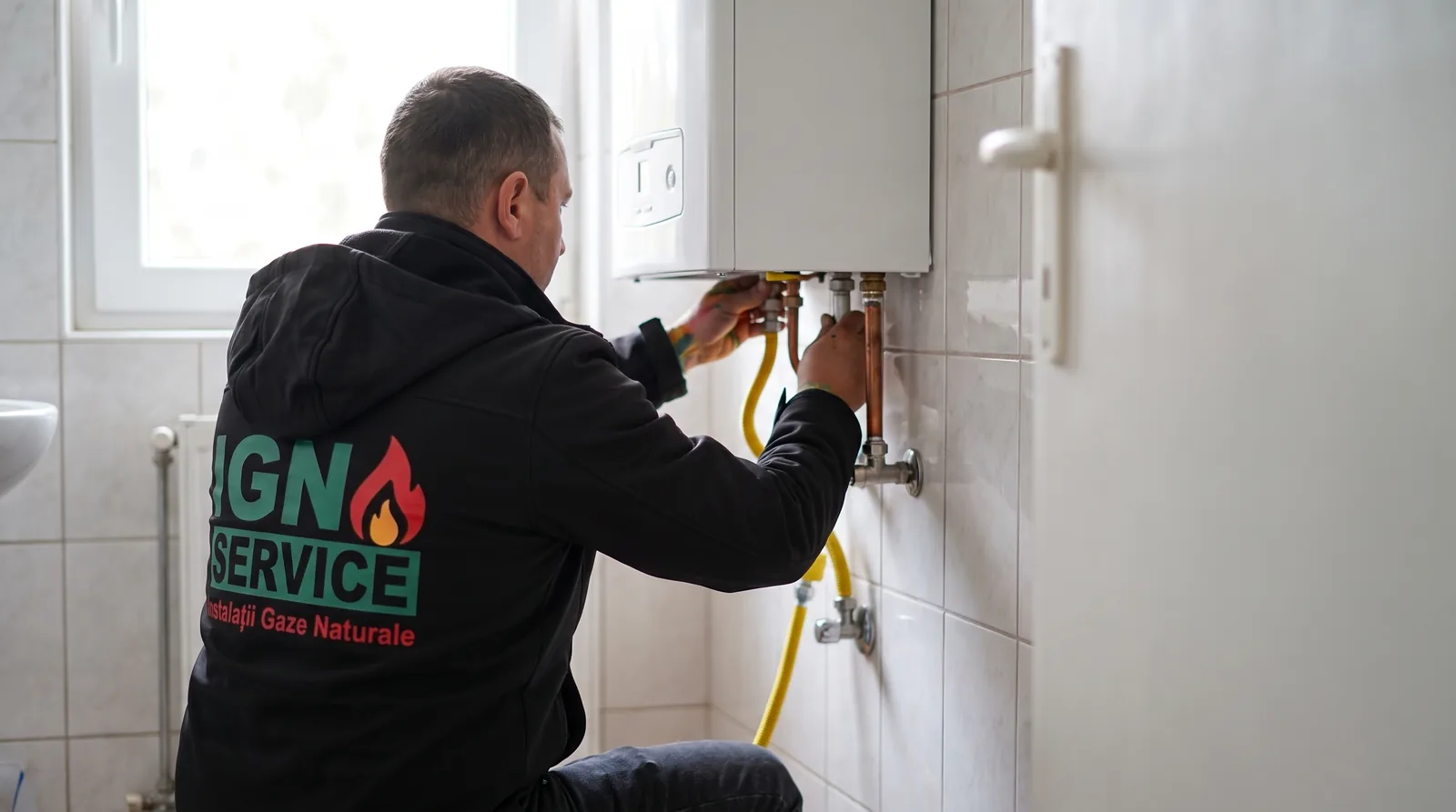 Boiler pe gaz montat de instalator autorizat ANRE, racordat corect