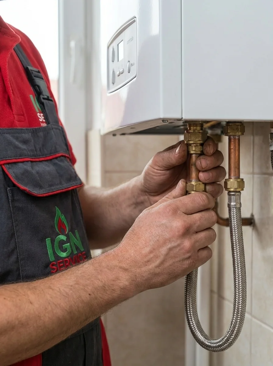 Instalator IGN Service strânge racordurile de cupru și furtunul flexibil sub centrala termică, Botoșani