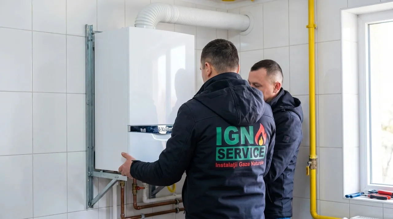 Centrală termică Vaillant nouă, montată pe perete, cu racordurile finalizate dedesubt