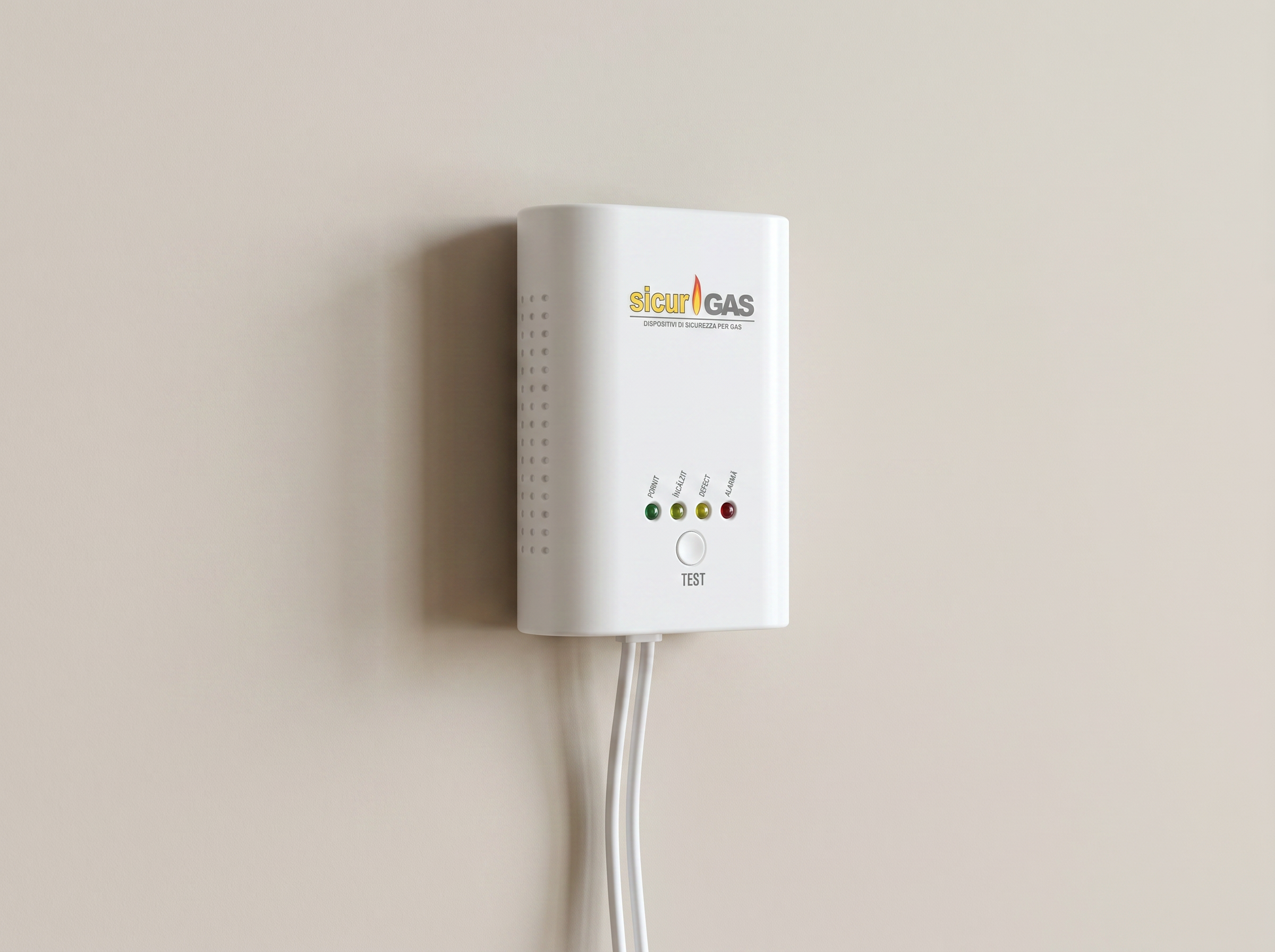 Detector gaz montat pe perete cu indicatori LED și buton test