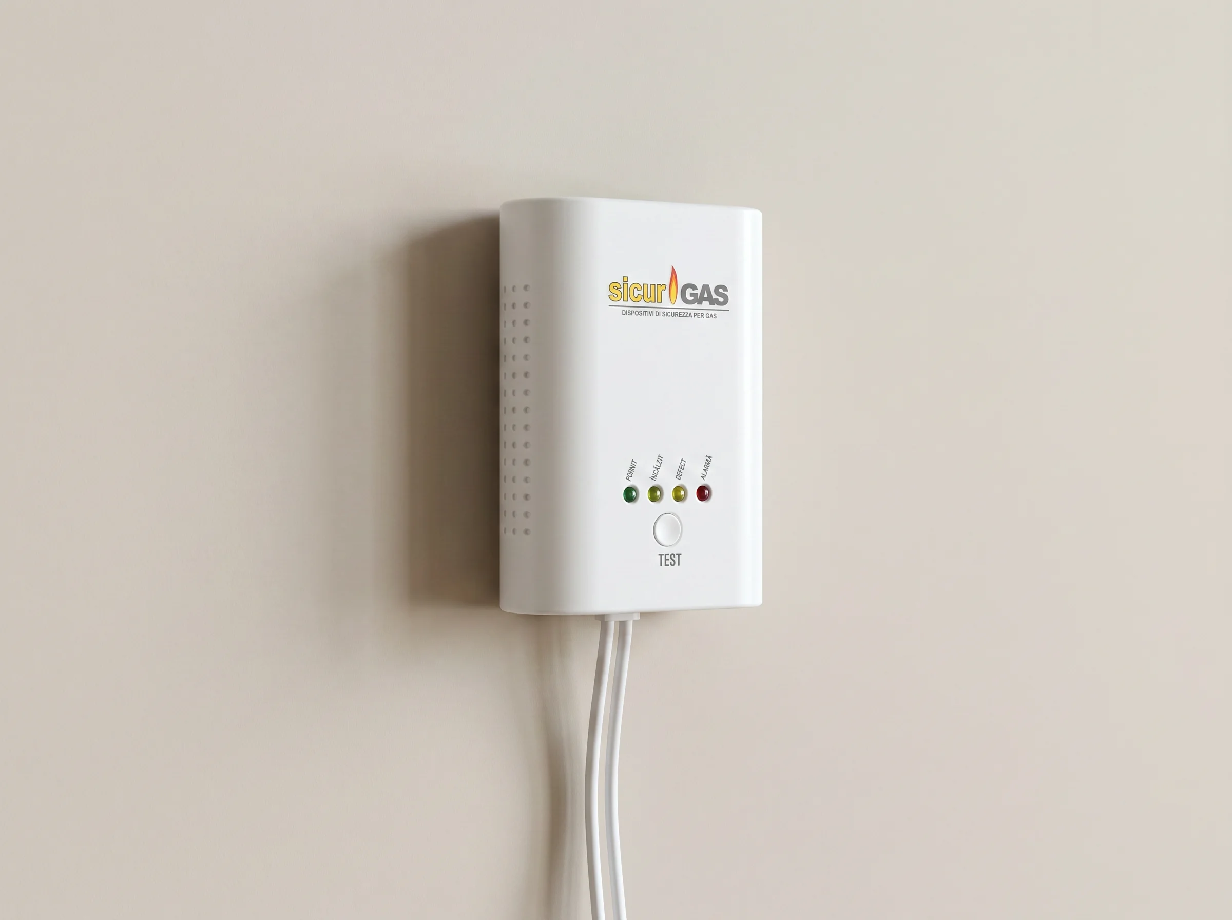 Detector de gaz metan alb montat pe perete, cu indicatori LED de stare și buton de test