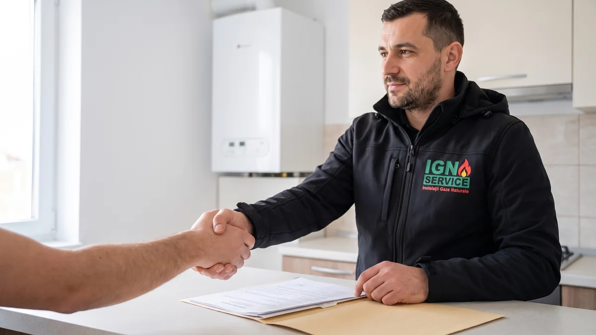Reprezentant IGN Service dă mâna cu un client la semnarea contractului, lângă centrala termică murală