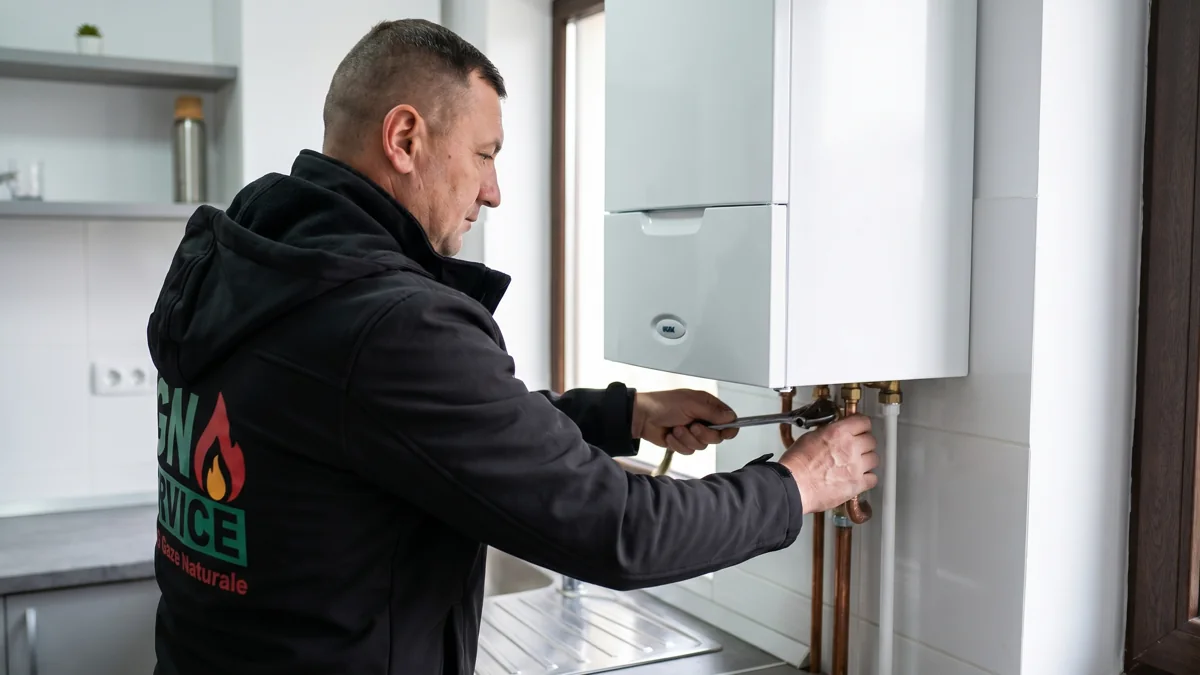 Tehnician IGN Service montează țevi de cupru sub centrală termică pe gaz