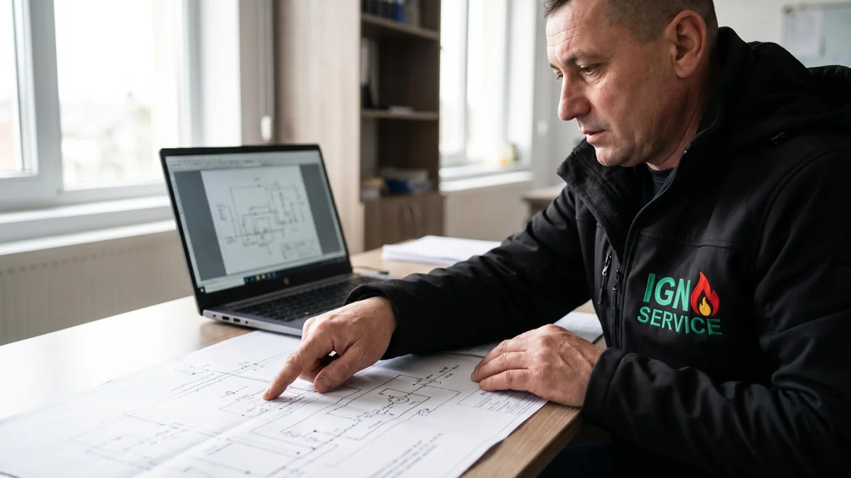 Tehnician IGN Service studiază schema unei instalații de gaze pe laptop și pe planuri tipărite, Iași