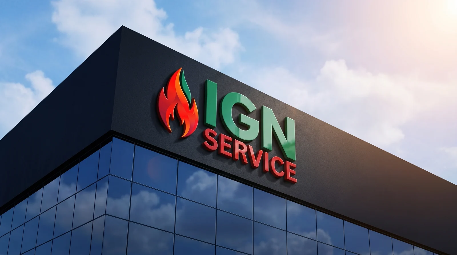 Sigla IGN Service cu flacără, montată pe fațada unei clădiri moderne de birouri cu pereți de sticlă