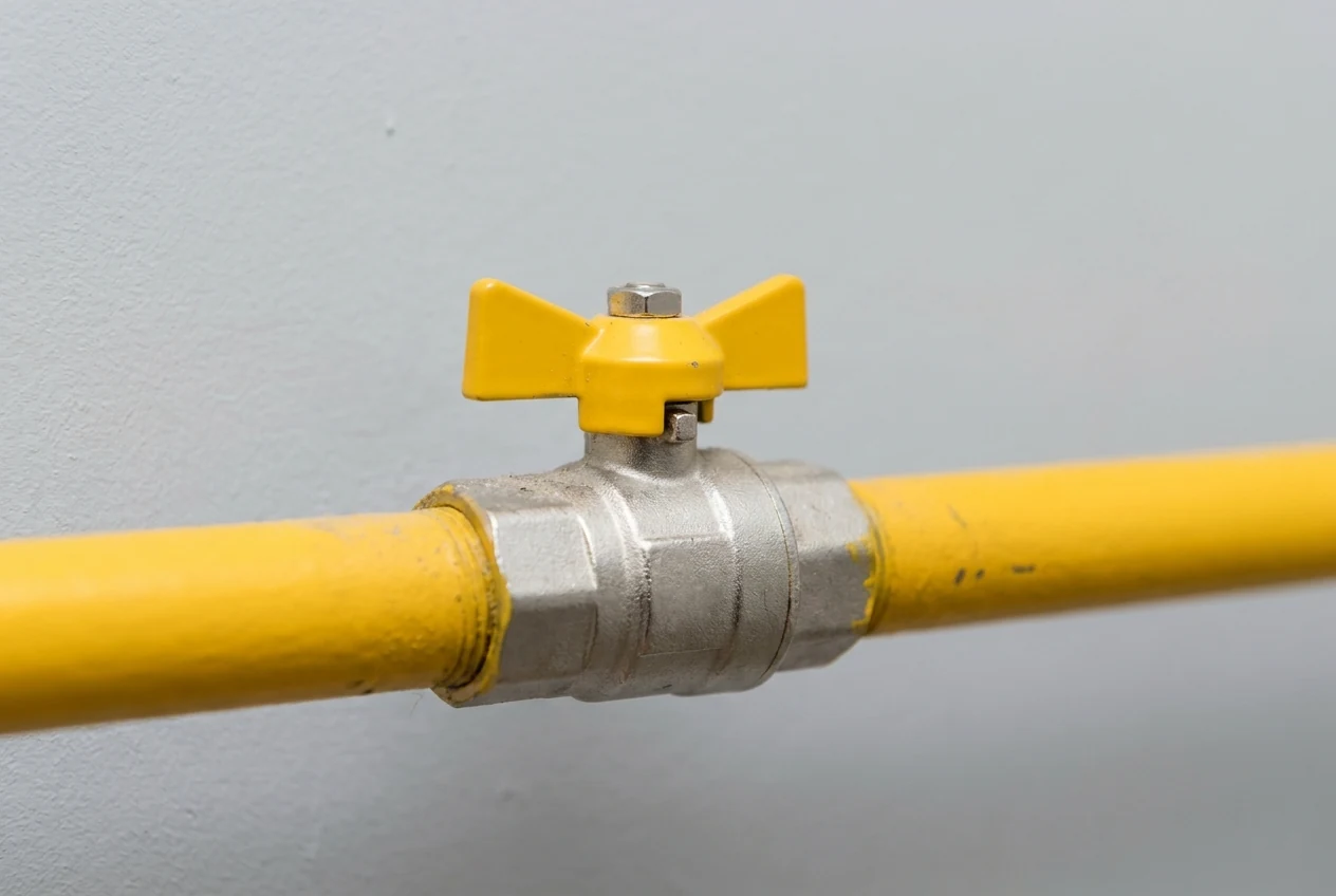 Prim-plan cu țeavă de gaz galbenă și robinet cu fluture pentru inchidere