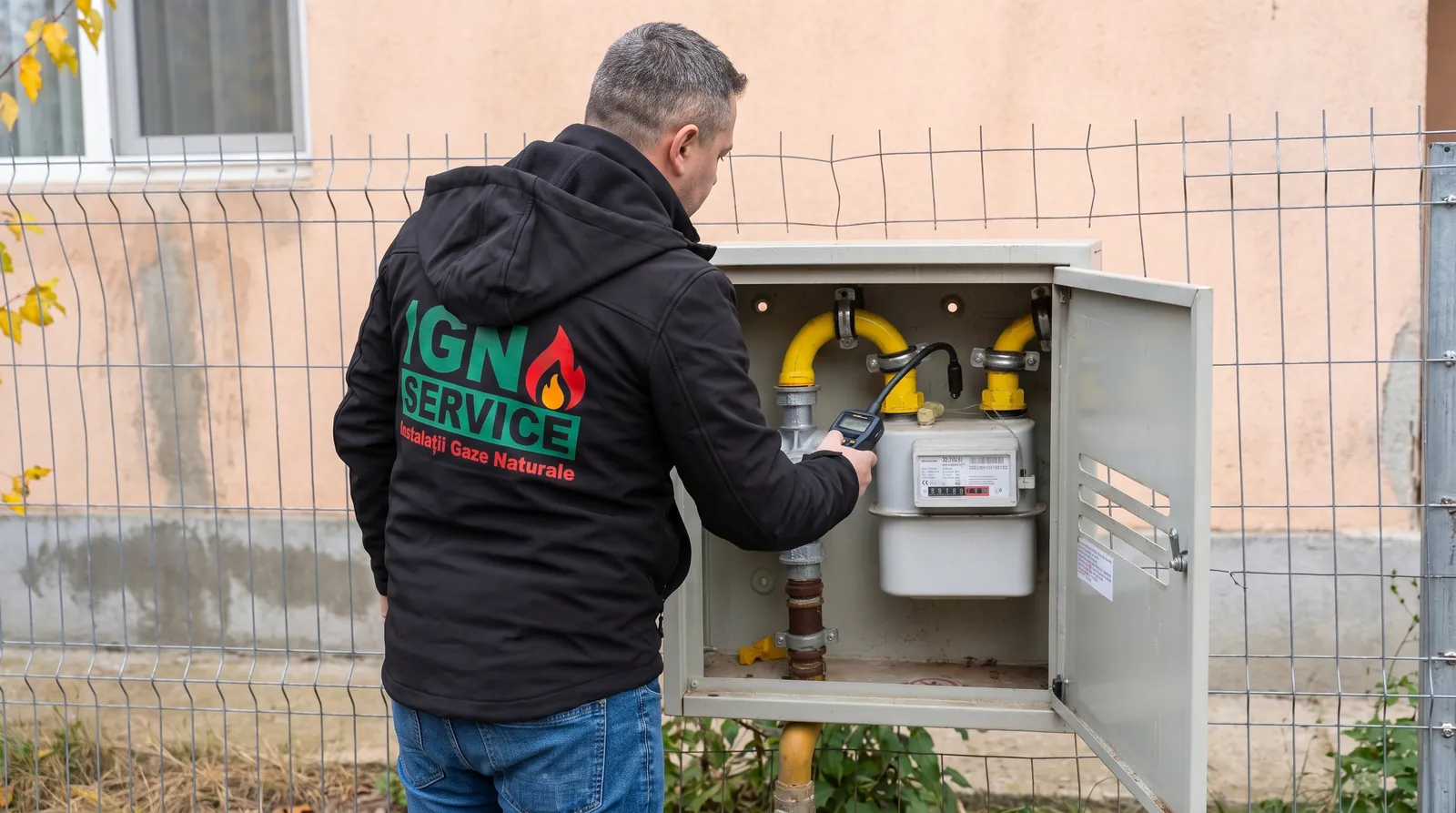 Tehnician văzut din spate verifică un contor de gaz montat pe perete, cu conducte galbene, în Botoșani