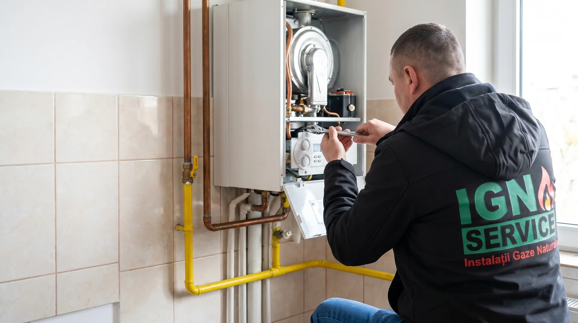 Tehnician IGN Service verifică o centrală termică pe gaz cu țevi de cupru, în vestă neagră