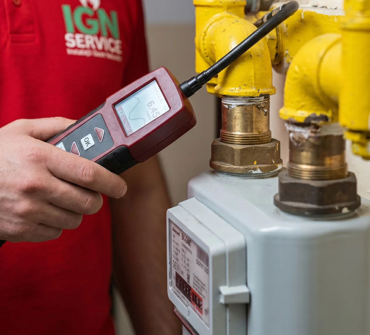 Mâinile unui tehnician IGN Service apropie un detector electronic de gaz de racordurile filetate ale unui contor