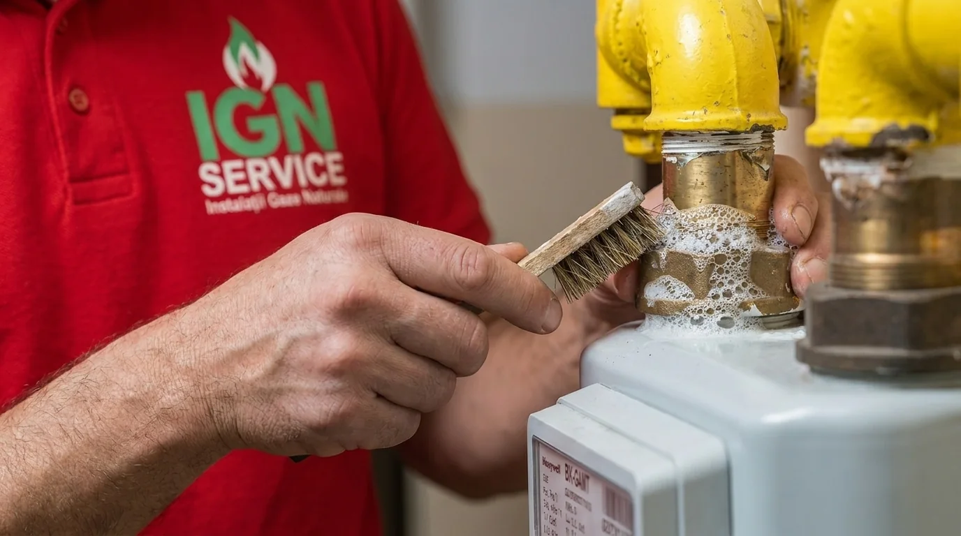 Tehnician IGN Service întinde cu peria spumă de săpun pe racordul de alamă al contorului de gaz