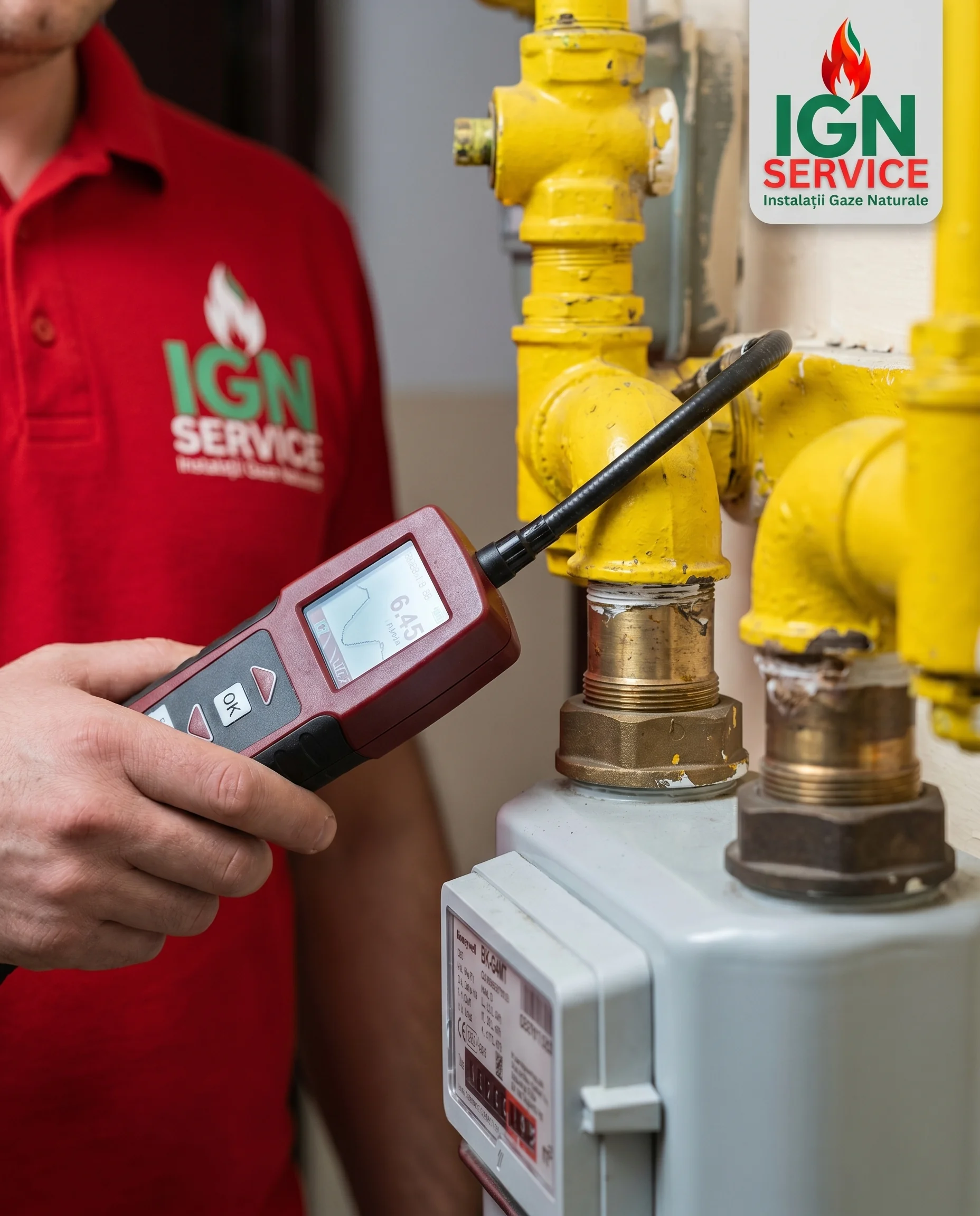 Tehnician IGN Service măsoară cu aparat electronic etanșeitatea la robinetul contorului de gaz, Iași