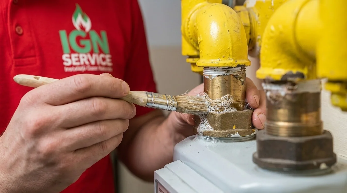 Pensulă cu spumă de săpun pe racordul de alamă al țevii galbene, test de etanșeitate IGN Service