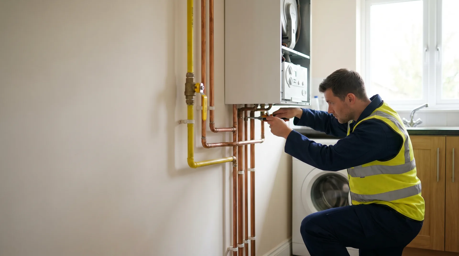 Instalator lucrează la țevile de cupru și robinet de gaz sub o centrală pe perete
